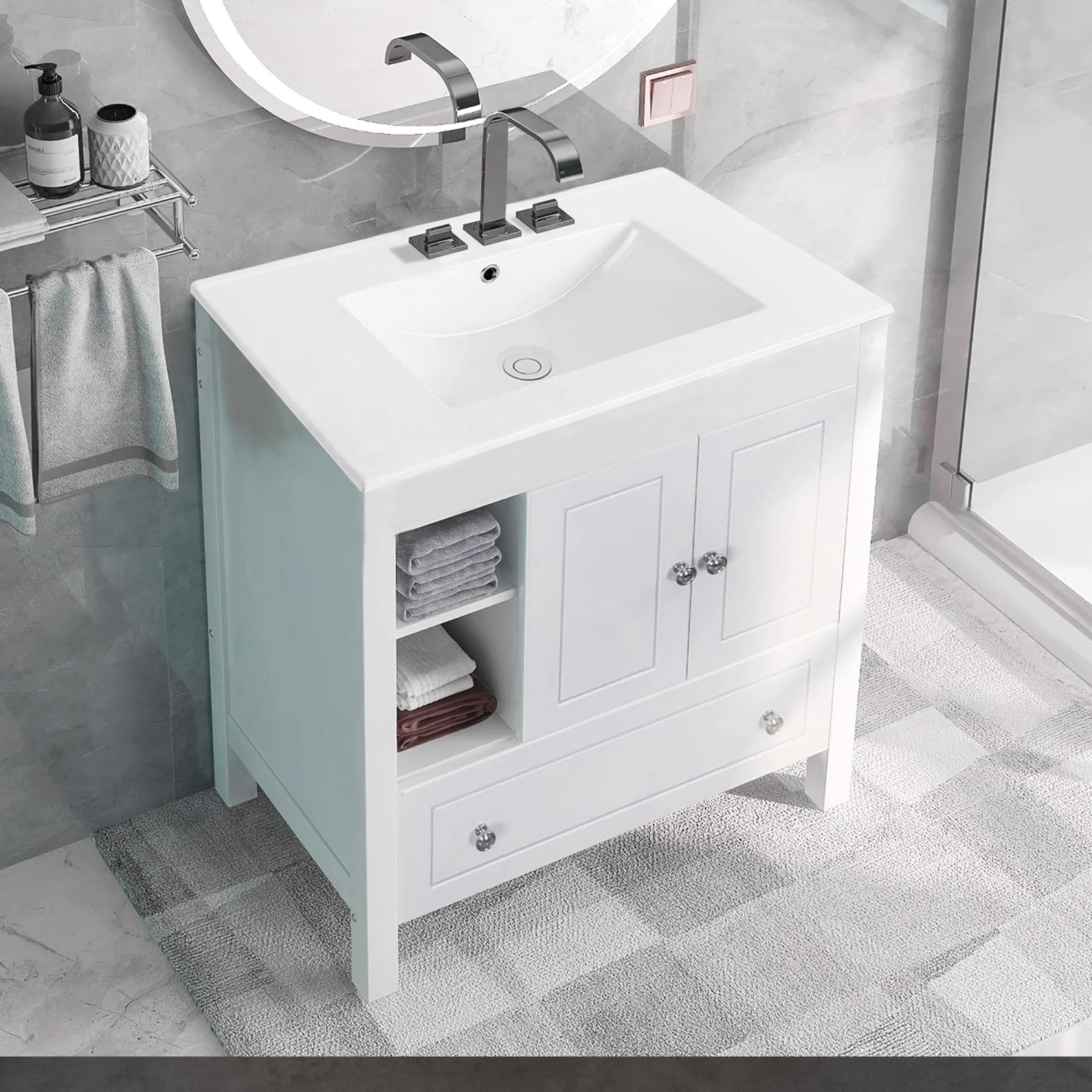 1pc 30inch Porcelain Ceramic Vanity Sink Top, Surface Bathroom Vessel Sink Basin with Three Faucet Holes, Rectangular, Glossy W 2