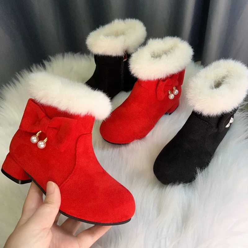 Winter Children Furry Warm Boots Princess Black Red Girl High-heels Fashion Boot Hairy Versatile Bowknot Kids Causal Ankle Boots