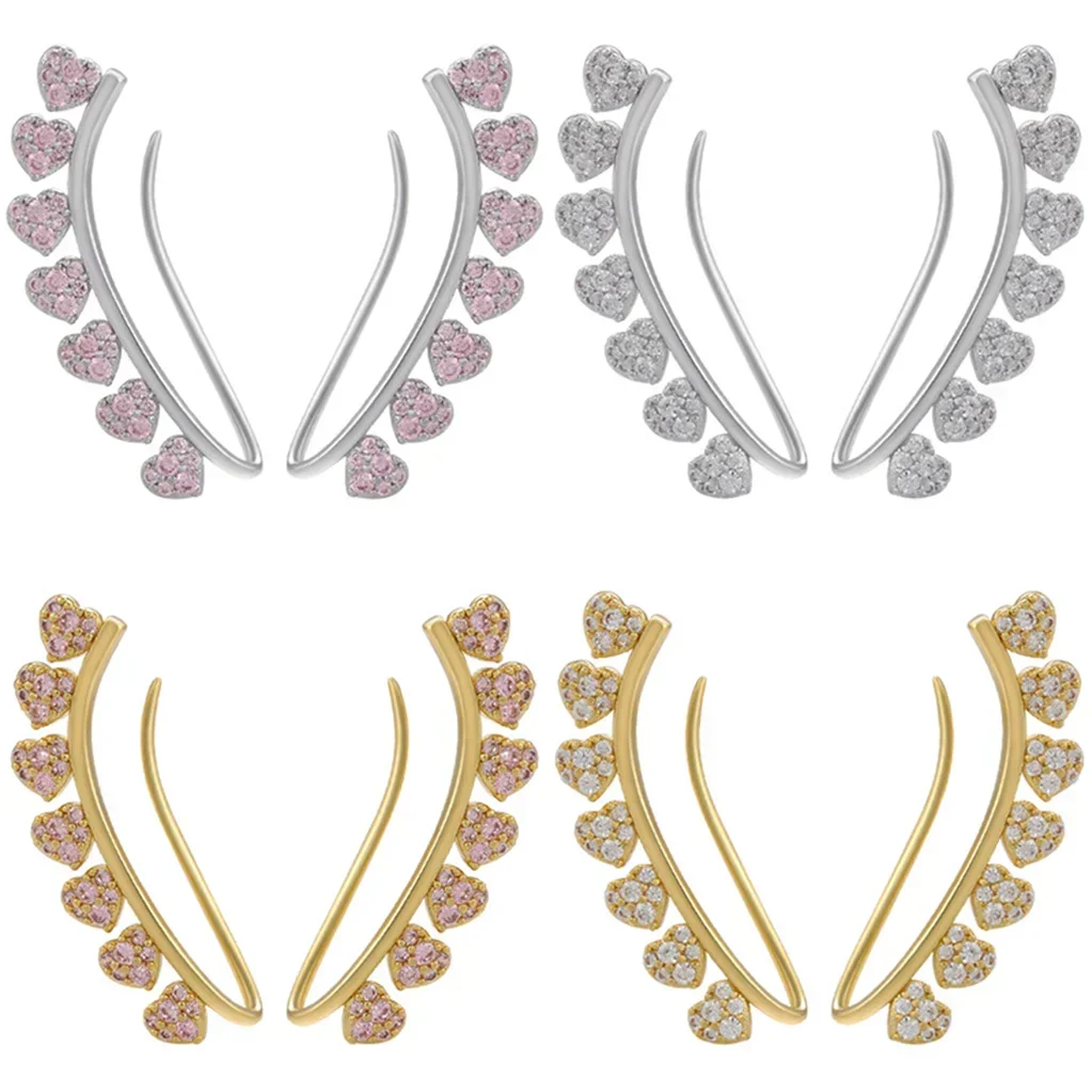 

2 Pairs Luxury Jewelry for Women Paved Zircon Pink Heart Stud-Earrings Hook Open Ear-Rings Clip Quality Free Shipping Lady Girl