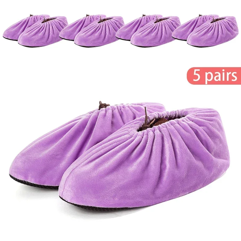 Reusable Velvet Fabric Shoe Covers Non-slip Adult Washable Keep Floor Carpet Cleaning Indoor Outdoor Shoe Protector Cover 5 Pair shoe covers