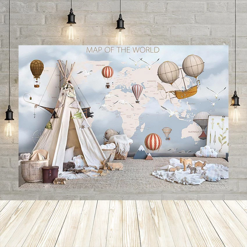 World Map Travel Backdrop For Photography Adventure Hot Air Balloon Tent  Birthday Background Photo Studio Decor Props Photophone - Backgrounds -  AliExpress