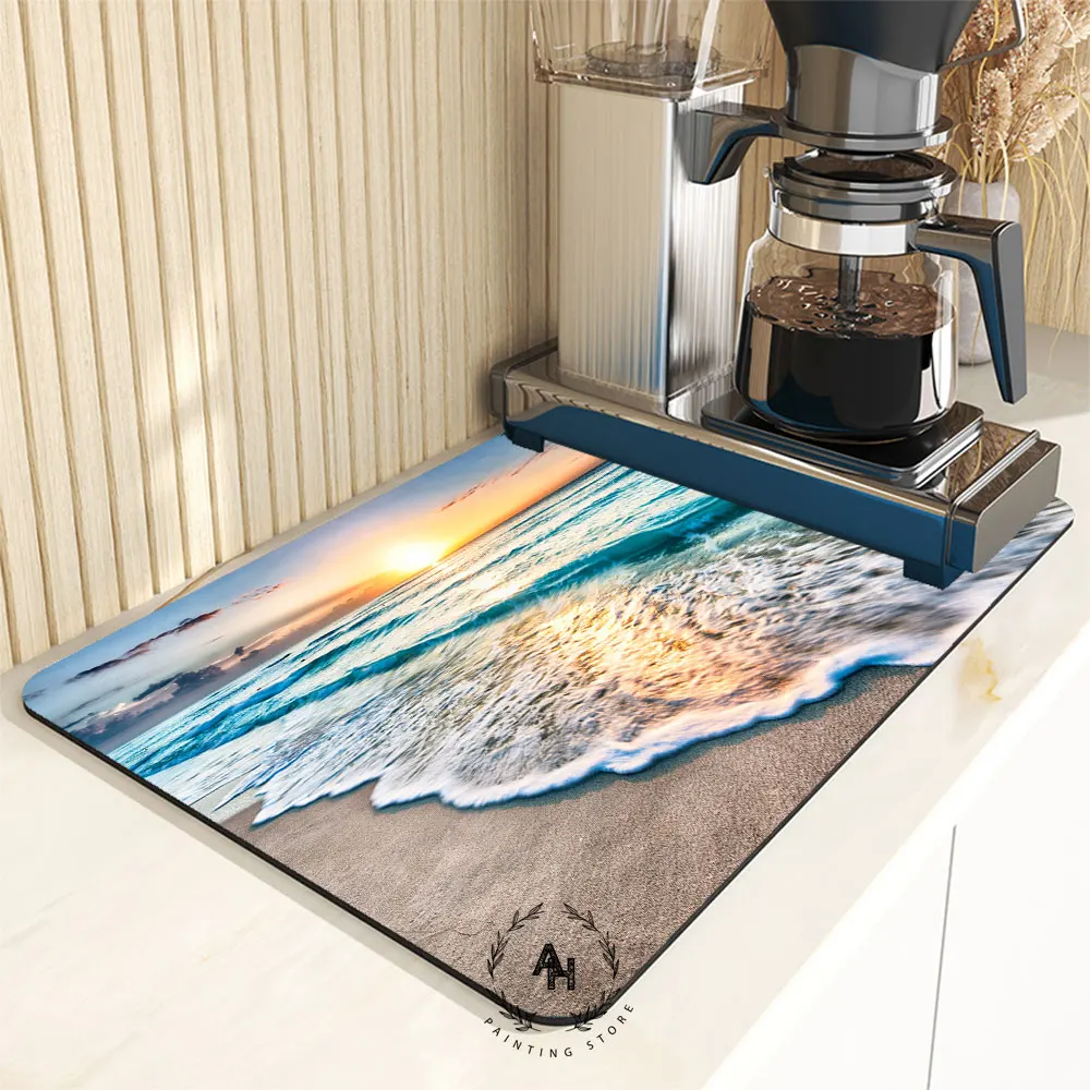 

Landscape Printed Quick Drying Mat Super Absorbent Coffee Drain Pad Rubber Tableware Draining Pad Kitchen Home Decor Placemat