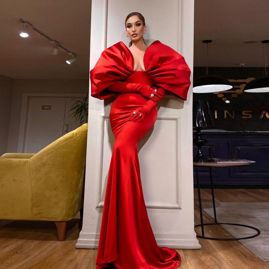 

Lebanon Red Prom Gown with Sleeves abiye gece elbisesi Dubai V Neckline Maxi Party Dresses Mermaid Long Elegant robe de soiree