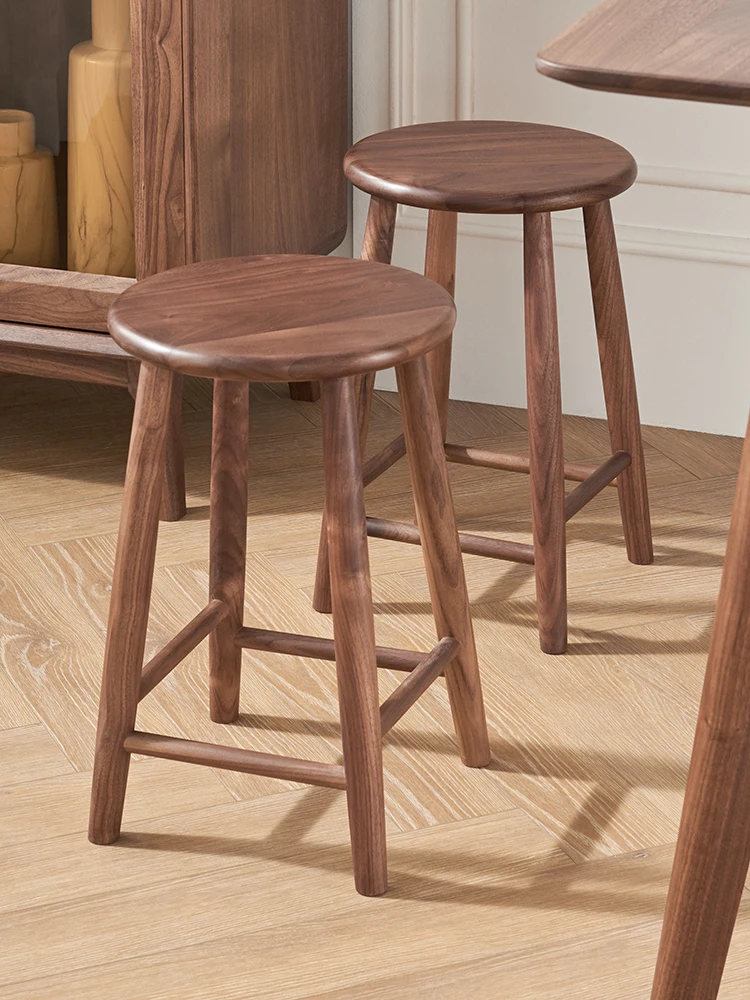 

North American black walnut small stool for household use, sturdy round stool for adults, solid wood round bar stool
