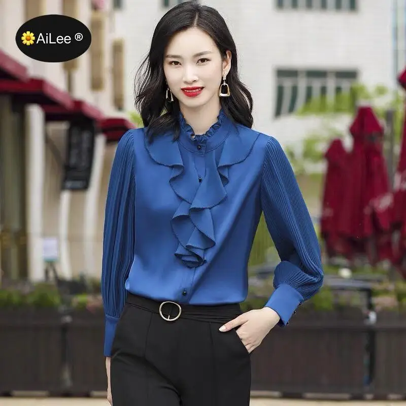 Lady Luxurious Silky Spliced Blouse Designer Ruffles Neck Shirts Elegant Formal Office High Street Tops Business Work OL Women women sweet high waist lace up stitching tulle skirt summer street style lady mini ruffles tutu skirts a line