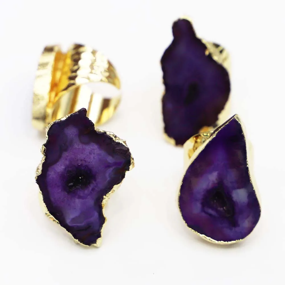 

Natural Raw Stone Irregular Purple Agate Geode Ring Creative Personality Adjustable Pointing Fashion Jewelry Wholesale 3Pcs/Lot