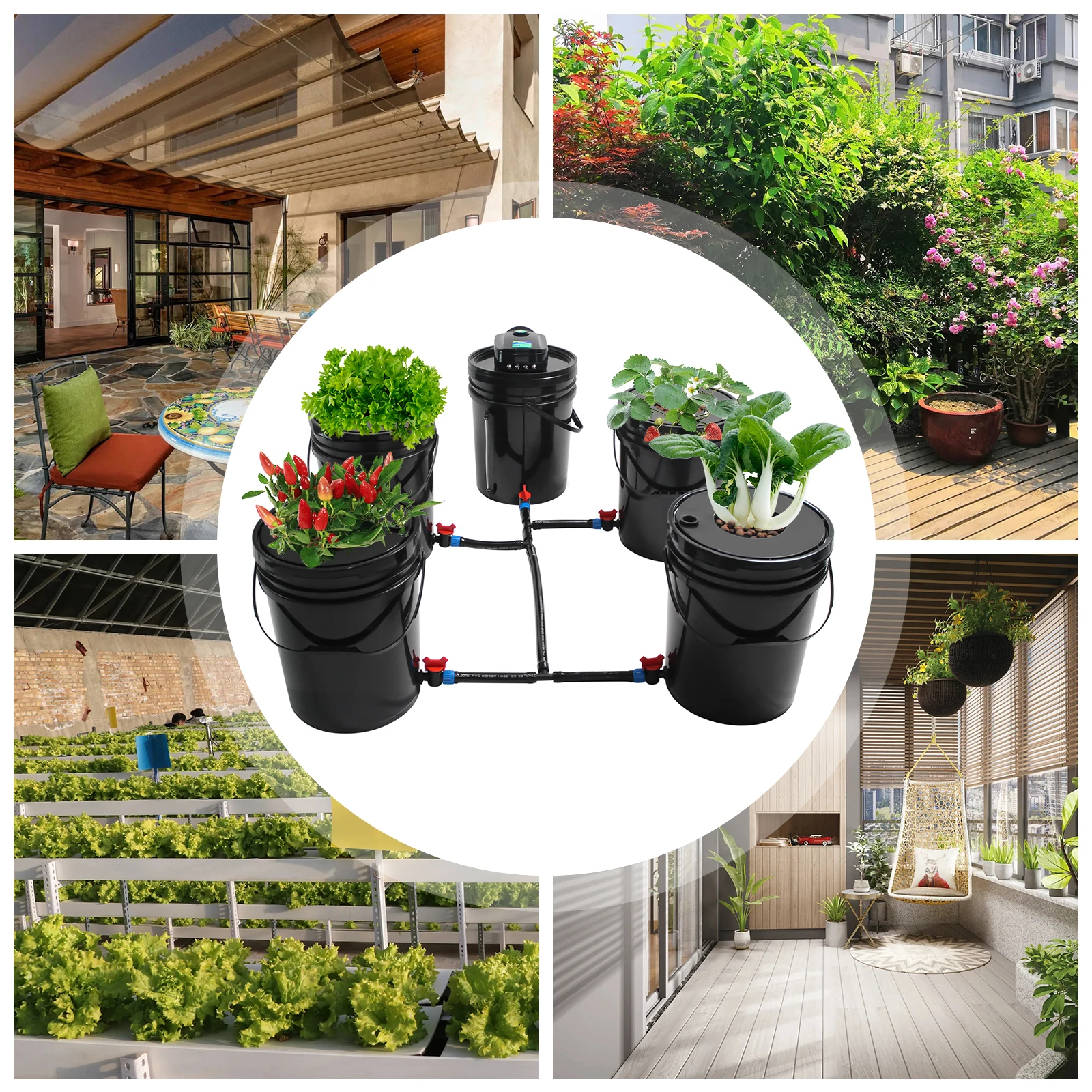 LOYALHEARTDY DWC Hydroponics System 5 Buckets Deep Water Culture Hydroponic Bucket Kit with Air Pump Recirculating Grow Kit