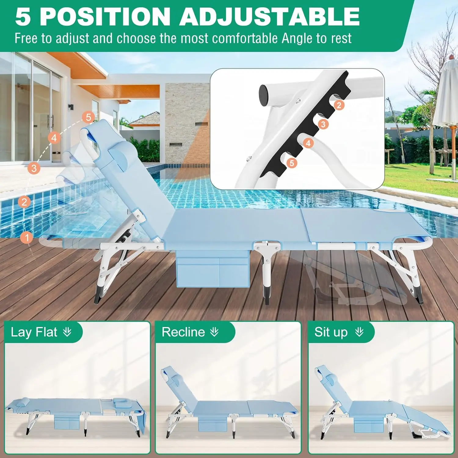 Folding Chaise Lounge Chair with Mattress, 5 Position Beach Chair with Face Hole, Patio Chaise Lounge Chairs for Outside