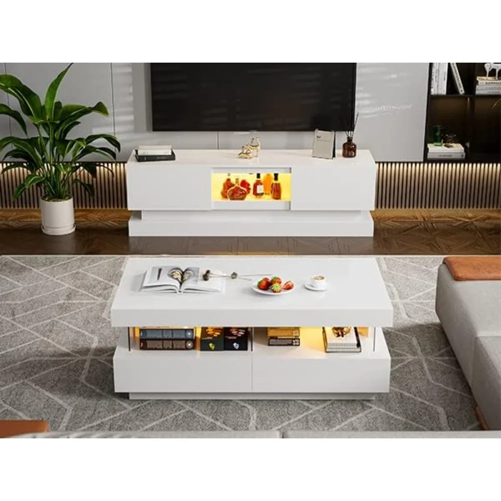 Modern High Glossy Coffee Table, White Coffee Table with 2 Storage Drawers and Acrylic Design Open Space, Rectangle Coffe 3