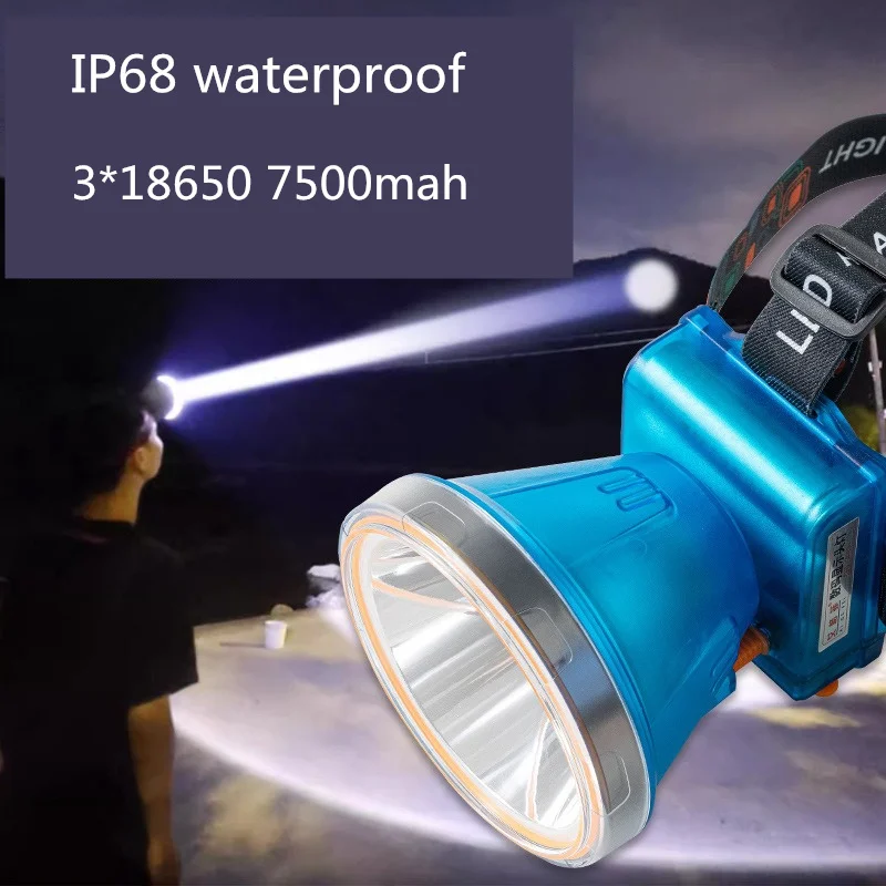 강력한 조명 헤드라이트 채굴 램프, 낚시 야외 탐험, IP68 방수 램프, 대용량 3*18650 7500mah
