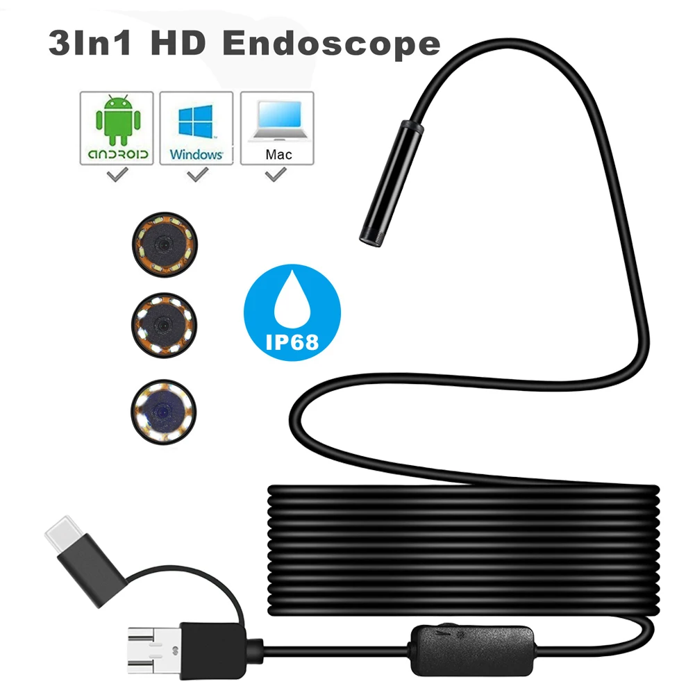 HD 내시경 카메라 IP67 방수 7mm 검사용 내시경 타입-C 미니 카메라 내시경(안드로이드 아이폰용 6 LED 0.3MP 포함)