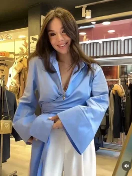 Tangada 2025 Women Solid Oversized Cotton Shirt Blouse Flare Long Sleeve Lady Wrap Tops 4M0138