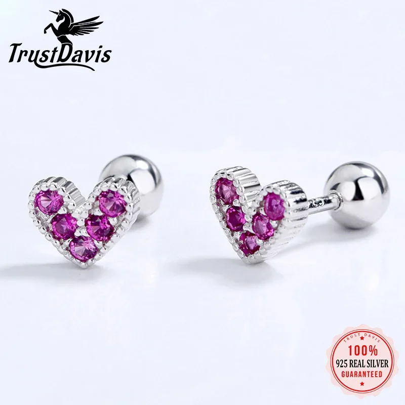 TrustDavis 925 Sterling Silver Fashion Romantic Heart CZ Beads Screw Earring for Women Wedding Party Fine Jewelry DA2213 silver earrings silver stud earrings heart earrings