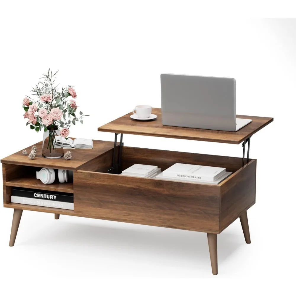 Wood Lift Top Coffee Table with Hidden Compartment, Storage Shelf and Metal Frame, Café Tables 2