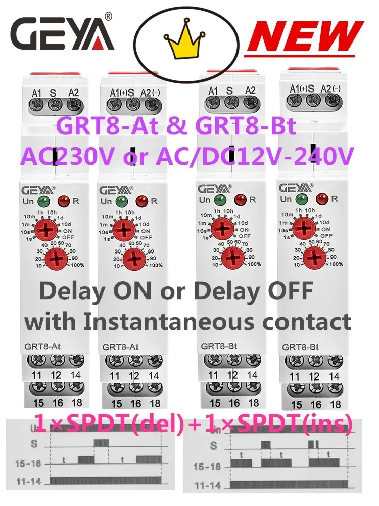 GEYA Delay on Delay off Timer Relay Electronic Type 16A AC230V OR AC/DC12-240V with CE CB ROHS GRT8-A/B/At/Bt 4