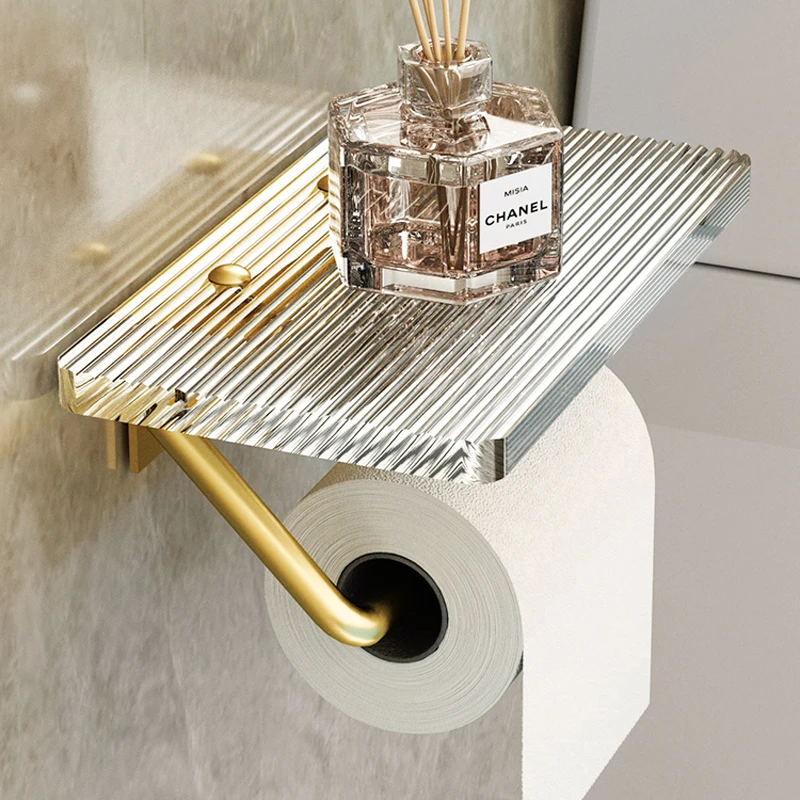 Toilet Paper Holder with Shelf-Wall Mount Bathroom Paper Roll Holder Rustproof Acrylic & Aluminum Toilet Tissue Gold