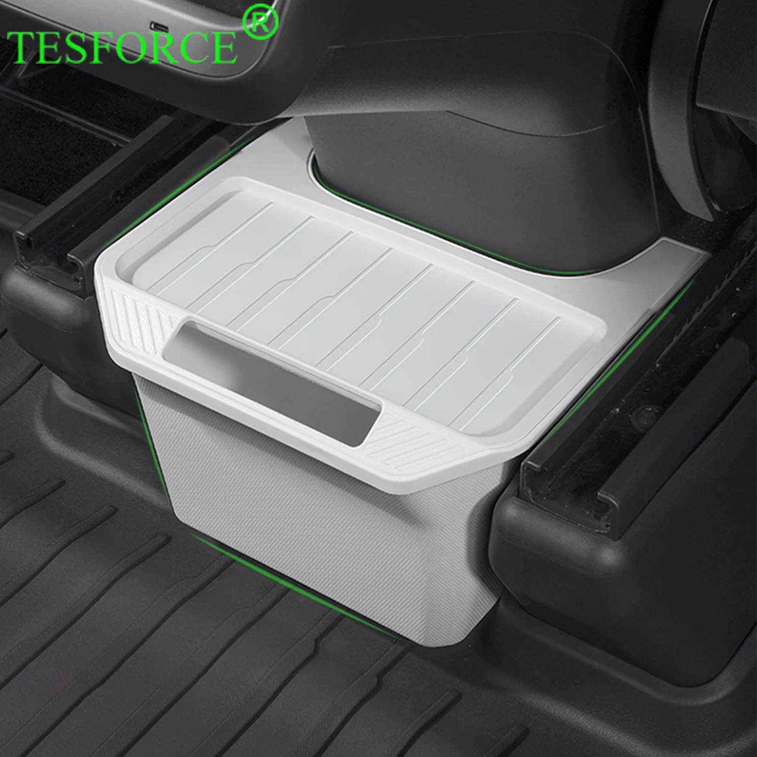 For Tesla Model Y 2021-2025 Rear Center Console Storage Box TPE Organizer Box with Cover Trash Can Under Seat Car Accessories