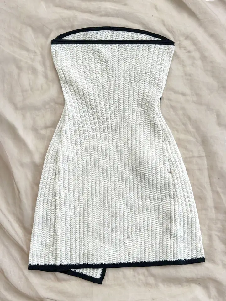 Off White Knitted Tube Dress with Black Trim