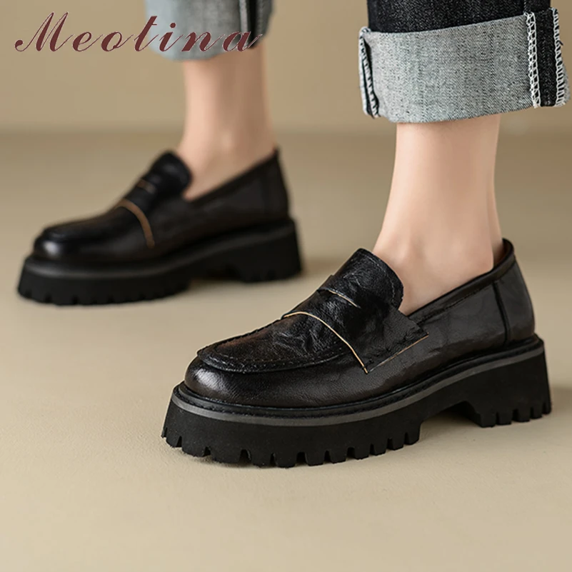 

Meotina Women Genuine Leather Loafers Pumps Round Toe Thick Mid Heels Platform Sheepskin Ladies Fashion Shoes Spring Autumn 40