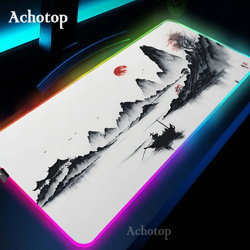 thumbnail image 1 of Alfombrilla de ratón para ordenador portátil RGB en blanco y negro, alfombrilla de ratón para juegos, alfombra grande con teclado de montaña Serenity, alfombrilla de escritorio LED de 100x50 con retro, 1 of 5