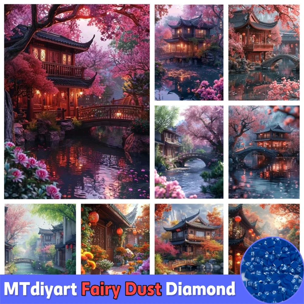 더스트 페어리 5D DIY 다이아몬드 페인팅 다리, 복숭아 꽃 파빌리온의 자연..