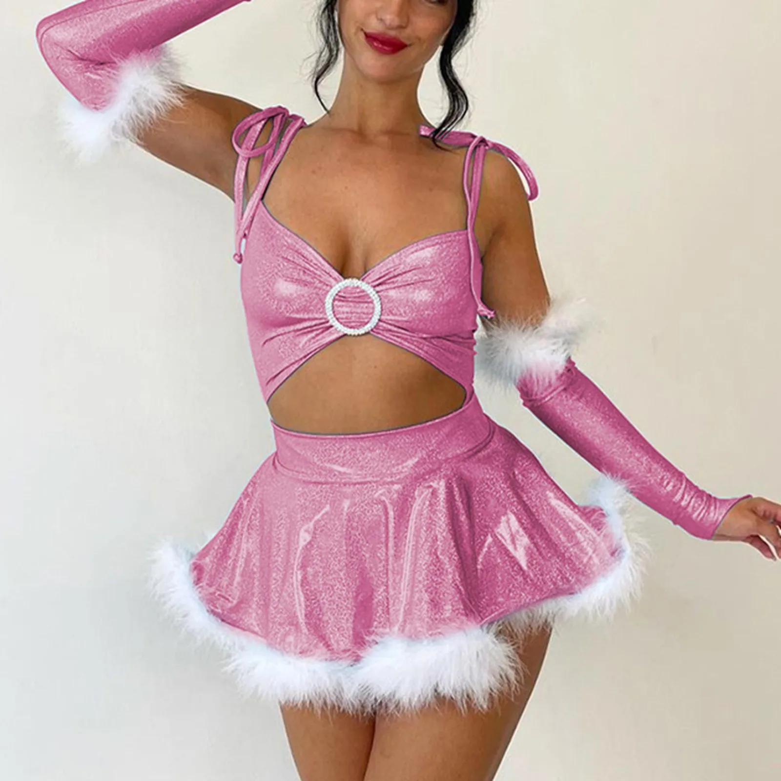 

Women Suit Feather Mini Dress Shining Rhinestones Hollow Out Hole Sexy Festival Club Cosplay Princess Matching Dresses