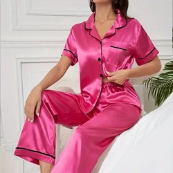 Women's Satin Short Sleeve Pajama Set - Button - Down Top & Pants Lounge Wear - S (Rose Black Soild)