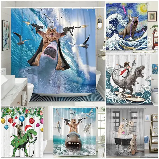 Funny Cat Shower Curtains Sea Waves Sharks Birds Fun Animals Ocean Landscape Fabric Bathroom Decor Children Bath Curtain Sets