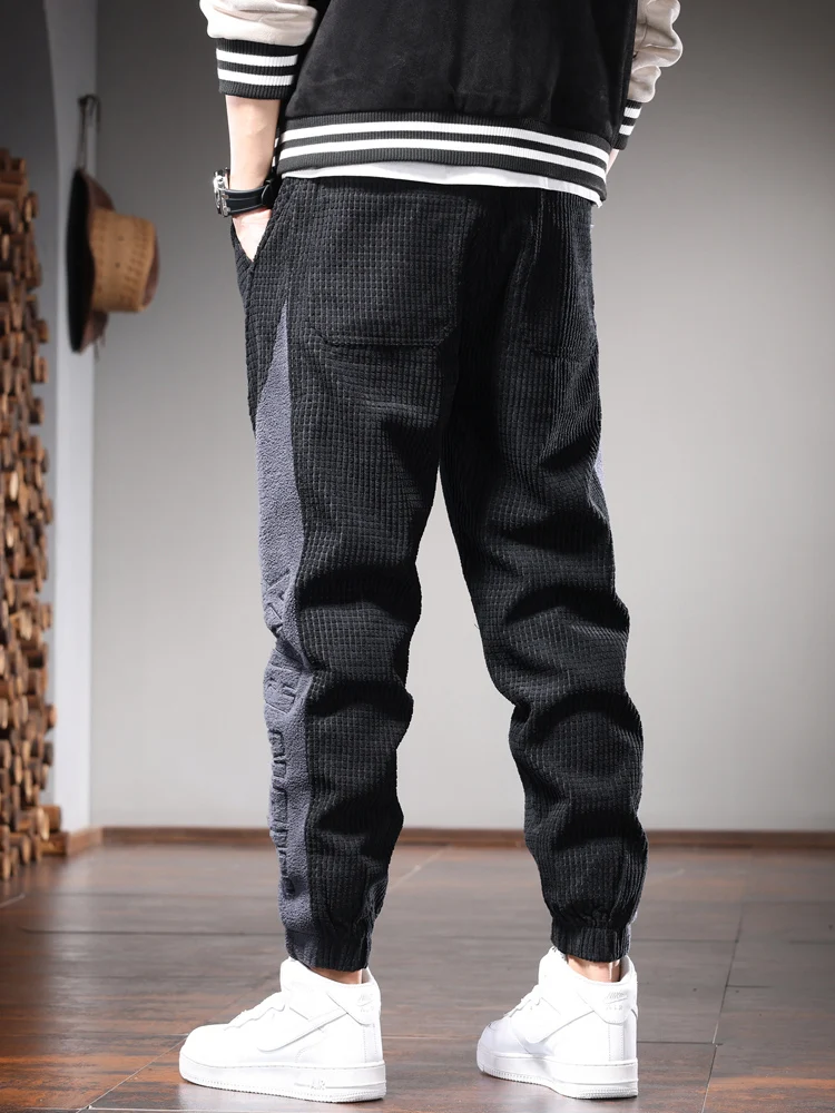 Autumn Corduroy Pants Men Casual Black Loose Harem Pants Fashion Side Stripe Sweatpants Elastic Waist Drawstring Jogger Trousers