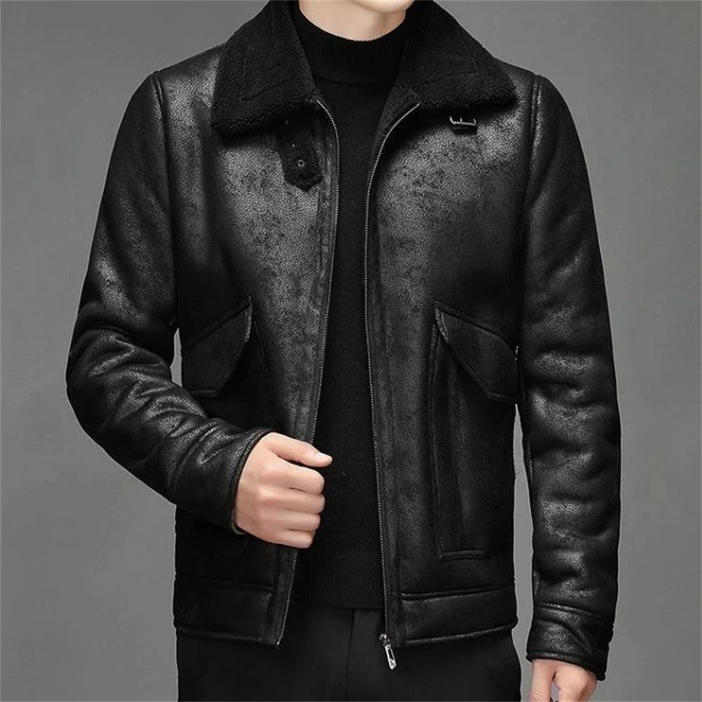 Description Picture 4 of itemJacket Plus Velvet Lapel Thick Warm Fashion 2024 Autumn Winter Men's Suede Boutique Imitation Leather Top Large Size PU Coats