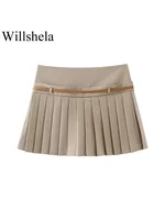 Willshela Women Fashion With Belt Solid Pleated Side Zipper Mini Skirts Shorts Vintage High Waist Female Chic Lady Shorts - Image 3