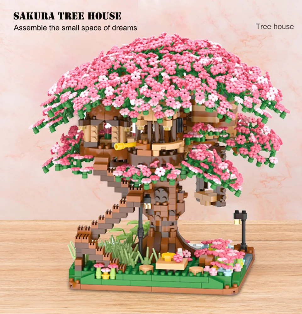 Cherry Blossom Tree Building Blocks Set with Light Treehouse