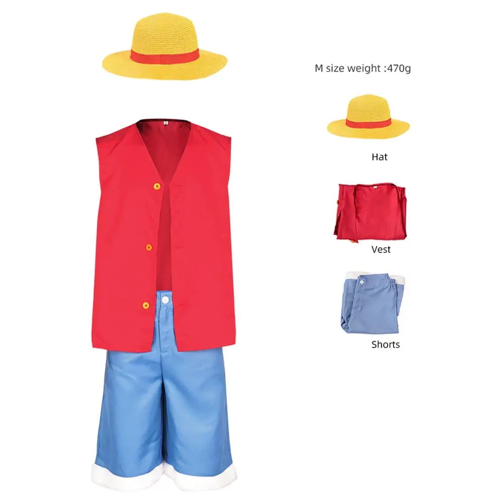 Luffy Cosplay Costume Anime Piece Coat Pants Hat for Kids Children Beach Clothing Halloween Carnival Party Role Play Suit images - 6