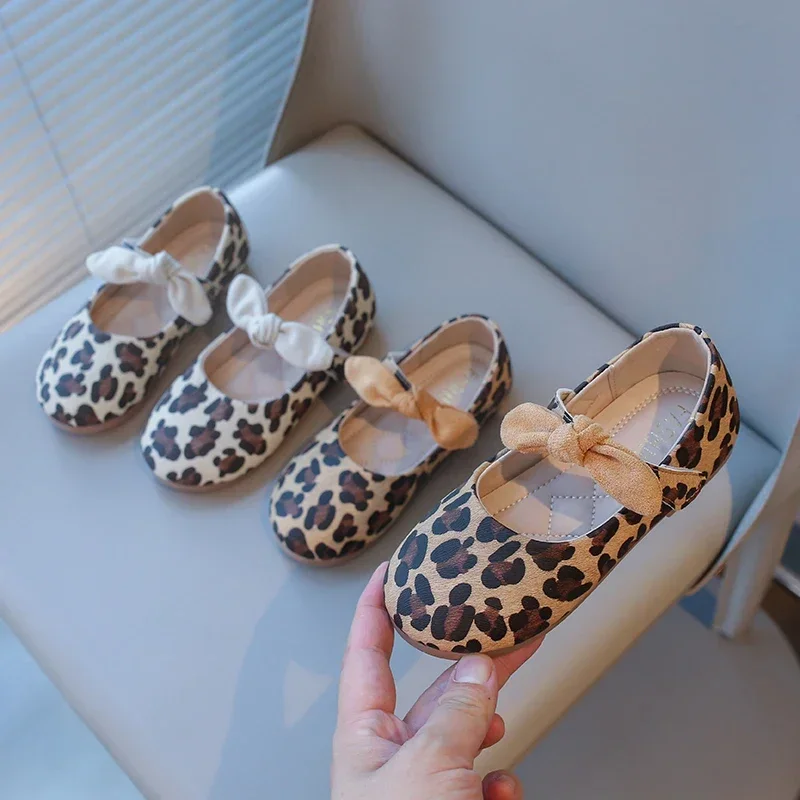 Hot Sale Girls Leather Shoes Leopard Prints Fashion Princess Kids Mary Janes with Bow-knot Sweet Chic Spring Autumn New