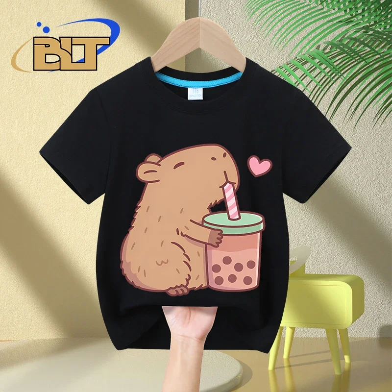 Kids T Shirt Cute Capybara Loves Bubble Tea print summer children's short-sleeved casual tops boys and girls gifts