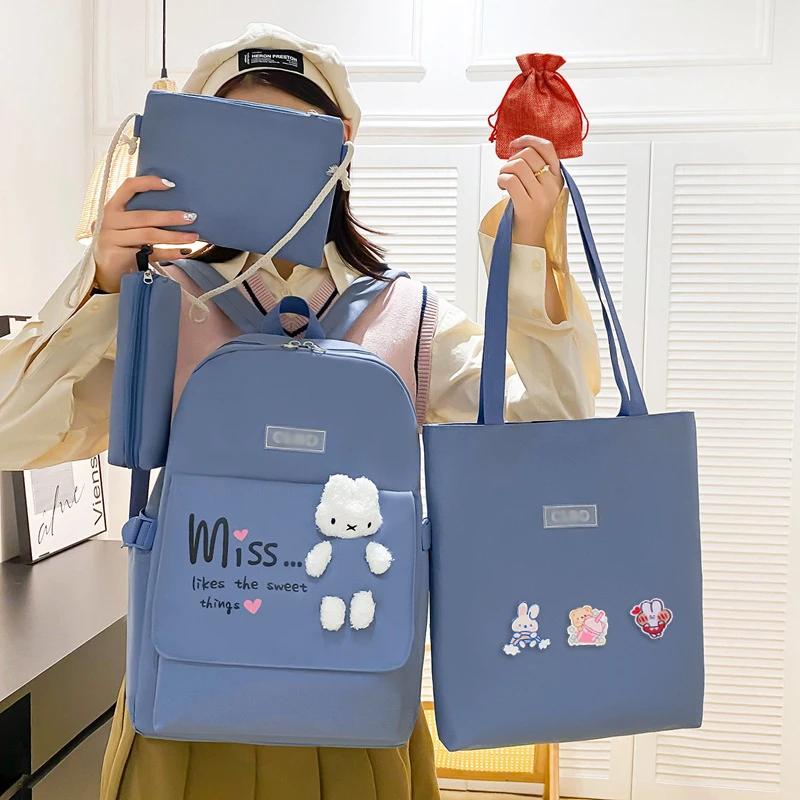 Five-piece Backpack New Student Schoolbag Female Korean Version Cute Little Rabbit Junior High School Campus Large Capacity 1