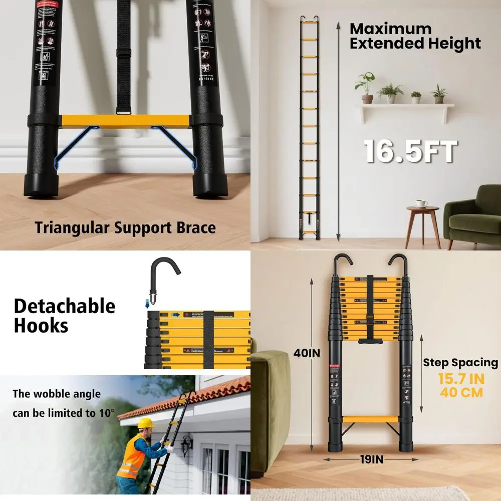 Aluminum Telescoping Ladder, 16.5FT Extension, 330lbs Capacity, Hooked ...