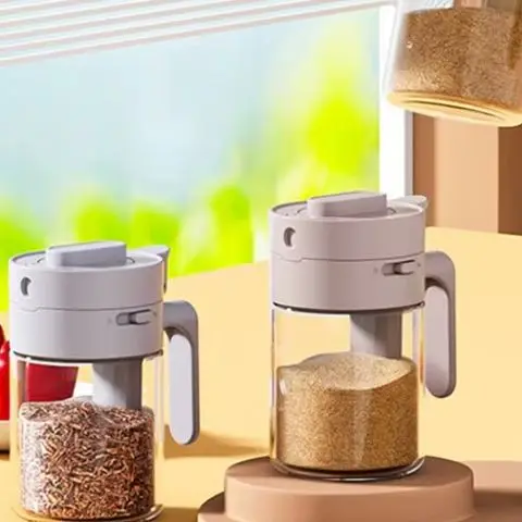Clear Glass Seasoning Box with Spoon Dustproof Lid Countertop Spice Condiment Salt Sugar Storage Jar Kitchen Container