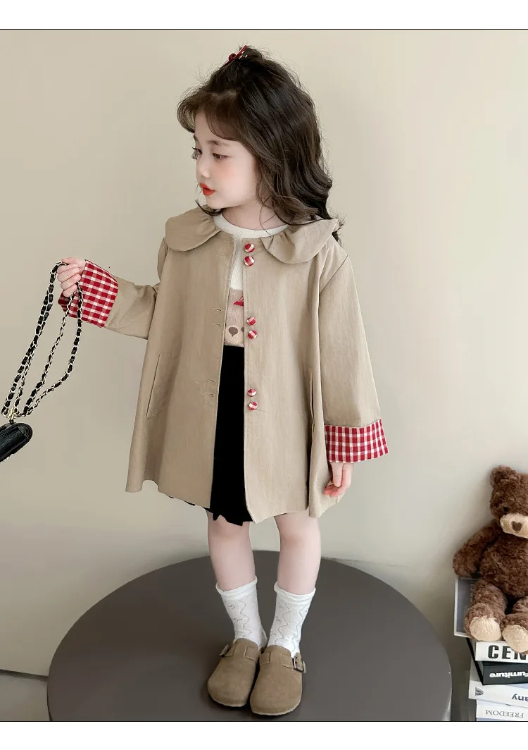 여아용 봄가을 신상 체크 버클 바람막이 코트 한국판 패션 데일리 스타일 캐주얼웨어