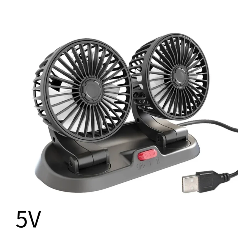 

Auto Cooling Fan Dual Head 360° Rotation Cooling Fan for Truck SUV RV Home Office 12/24V USB Fan 2 Wind Speed Adjustable