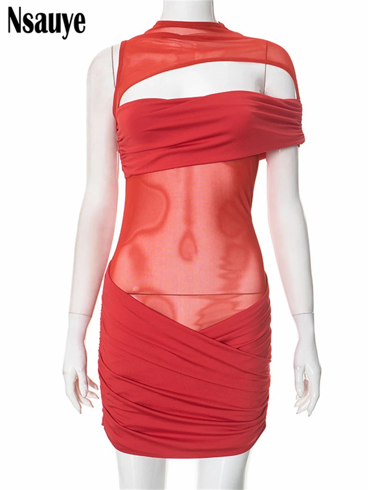 Nsauye Hollow Out One Shoulder Sleeveless Bodycon Mini Dresses Club Party Women See Through Sexy Chic Evening Dress Summer 2025 5
