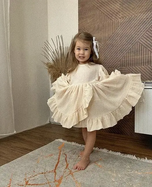 ★2025SS新作★EXPIRED GIRL★Bambi Frill Dress 4475 Children Dress Autumn 2024 New Linen Ruffled Slit Hem