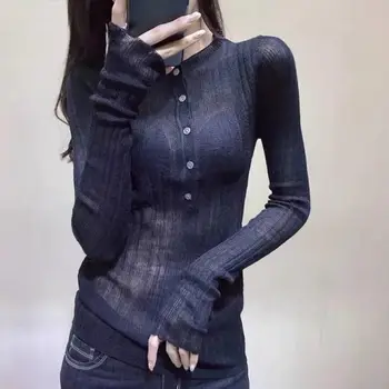 Top Female Sexy Coquette Clothes Slim Women's Long Sleeve T-shirt Plain New in Knitwears Fashion Clothing 2025 Kpop High Quality 1