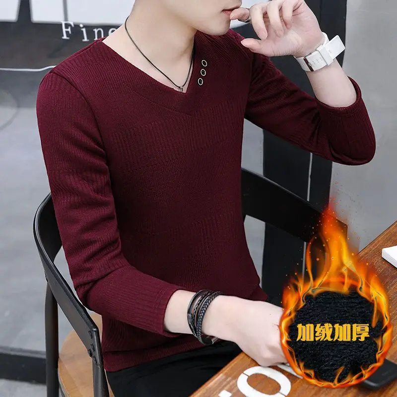 Men Autumn and Winter New Fashion V-Neck Pullover Sweater Fleece and Thicken Solid Color Leisure Warm Versatile Long-sleeved Top