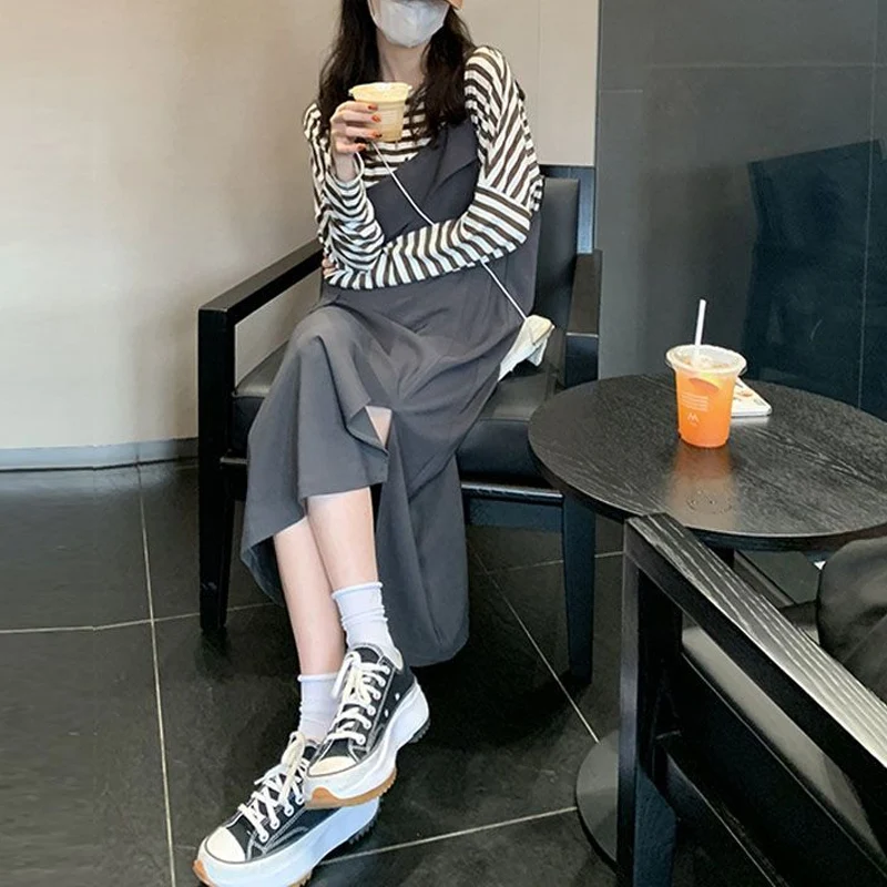Spring Autumn New Fashion Dress Set Round Neck Striped Long Sleeve T-Shirts and Button Sling Loose Y2K All-match Ladies Dresses