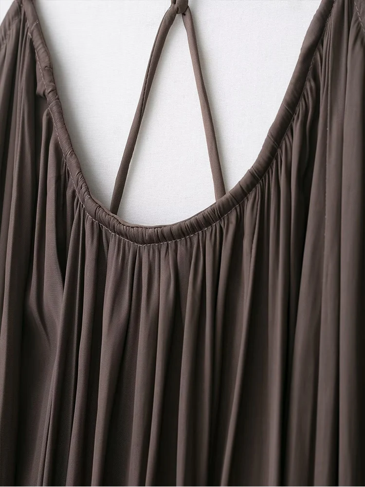 TFMLN Women's Backless Sling Maxi Dresses Casual Loose Pleated U-neck Vestidos 2025 Summer New Ladies Solid Vacation Streetwear