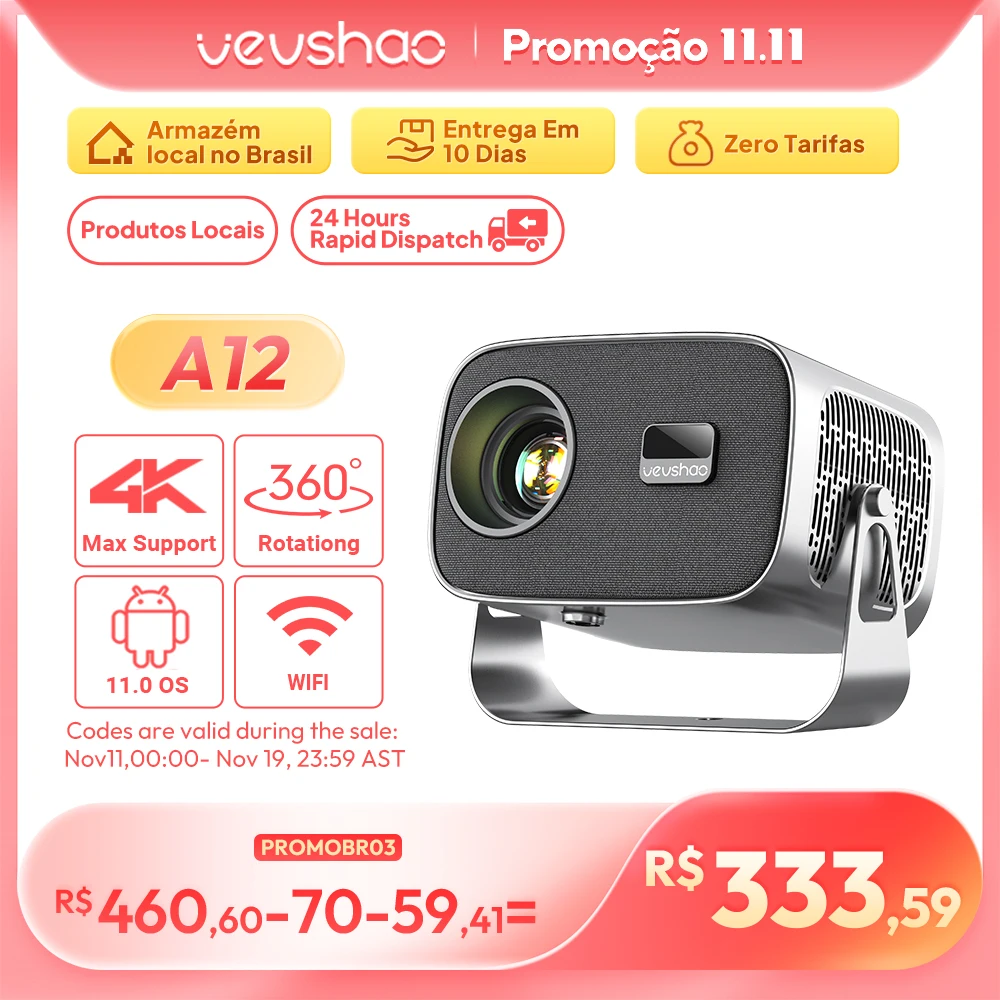 VEVSHAO A12 Projector Mini Portable LED Video Android 13.0 WIFI 6 Mirror SmartPhone for 1080P 4K Video Home Cinema Projector