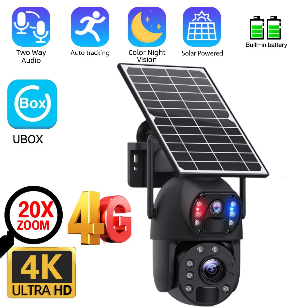 

4G Sim Card Solar Wireless PTZ IP Security Camera Dual Lens 20X Zoom Outdoor Auto Tracking 4K CCTV Video Surveillance Camera 8MP