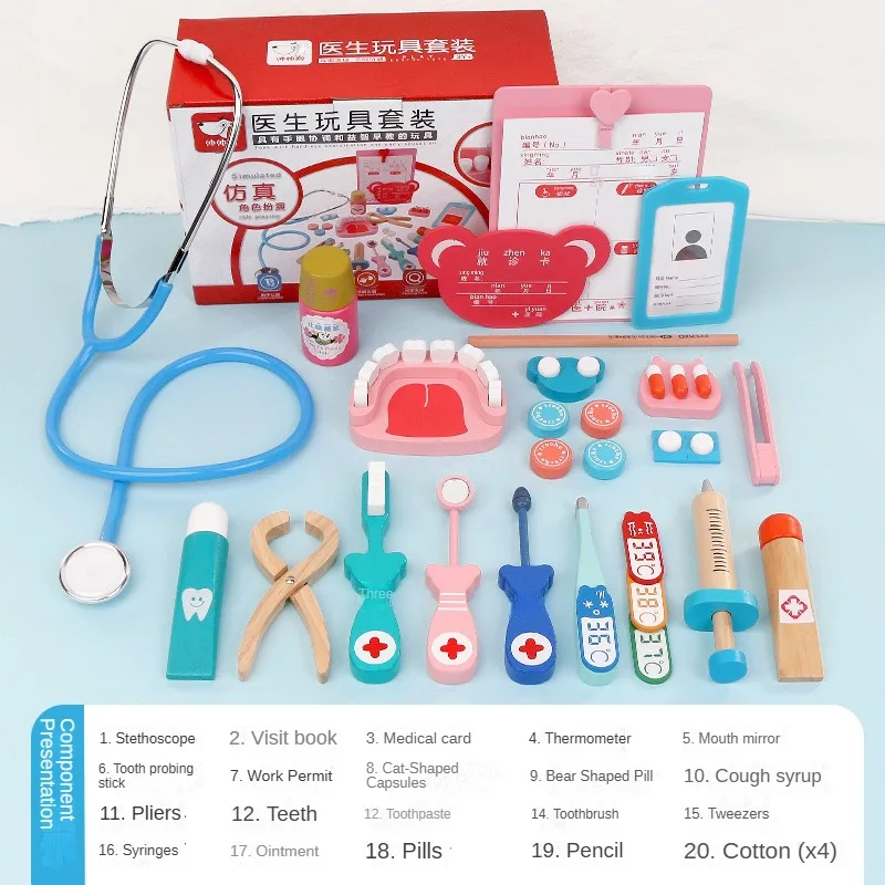 Children Pretend Play Doctor Dentist Simulation Injection Stethoscope Tool Set Wooden Early Education Birthday Gift for Kids 3