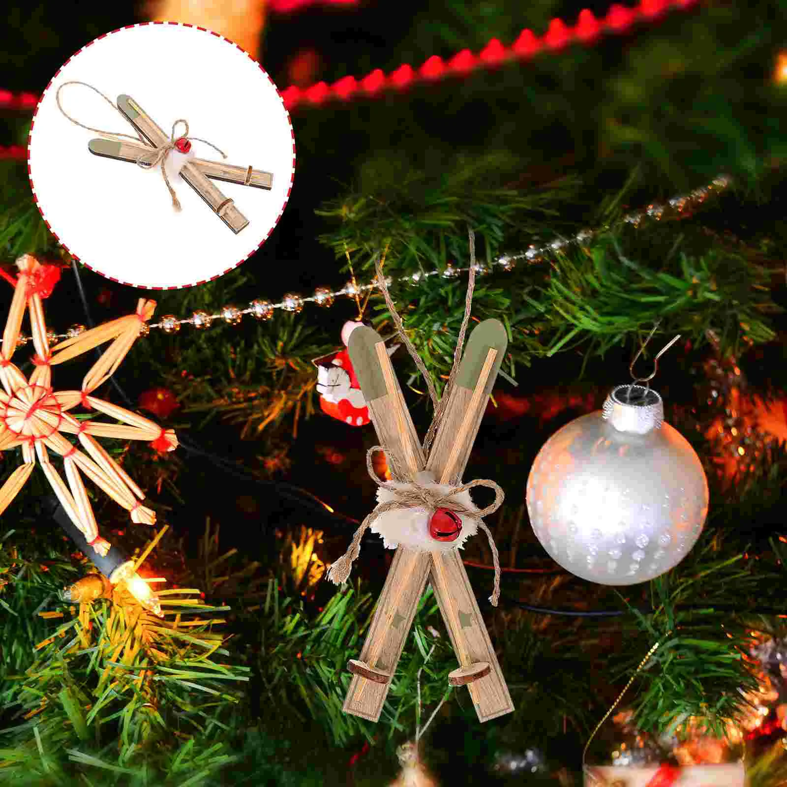 

Ski Christmas Xmas Ornament Mini House Miniature Wood Sleigh Snow Skis Hanging Sled Pendant Jingle Bell Holiday Xmas